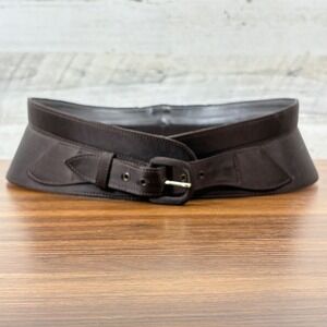 Oscar de la Renta Vintage 80s Corset Wide Waist Belt L Brown Leather Peplum Chic